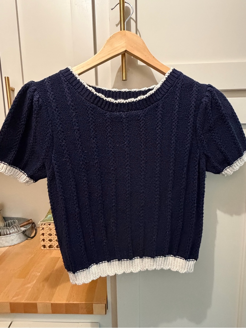 Navy Short-Sleeve Knit Top with White Trim - Women's